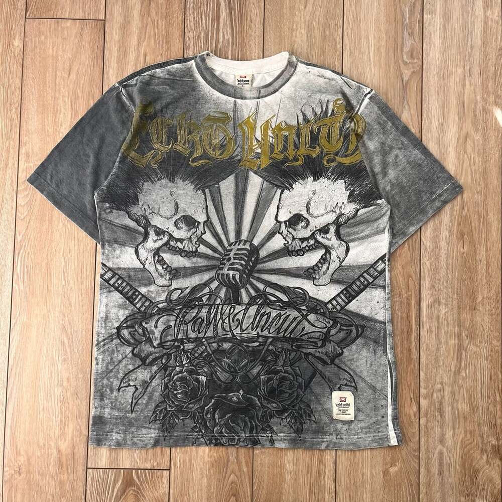 Ecko Unltd. Skull Graphic T-Shirt Size L Black White Tie Dye Vintage Y2K Punk